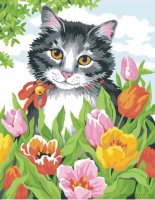Картины по номерам Котенок в тюльпанах